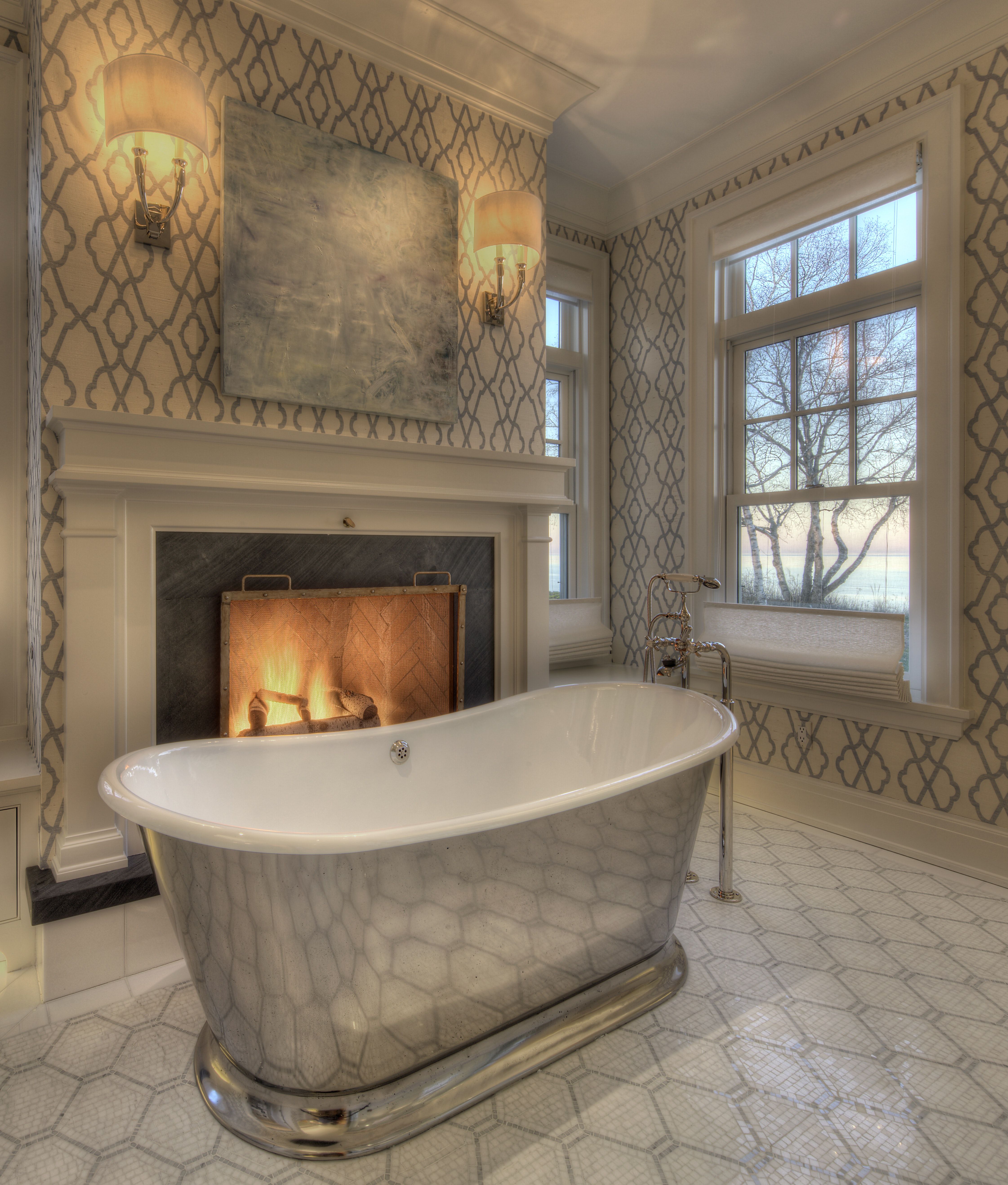 Fireplace Hot Tub Lovely Beach House Shingle Style Master Bathroom with soaking Tub