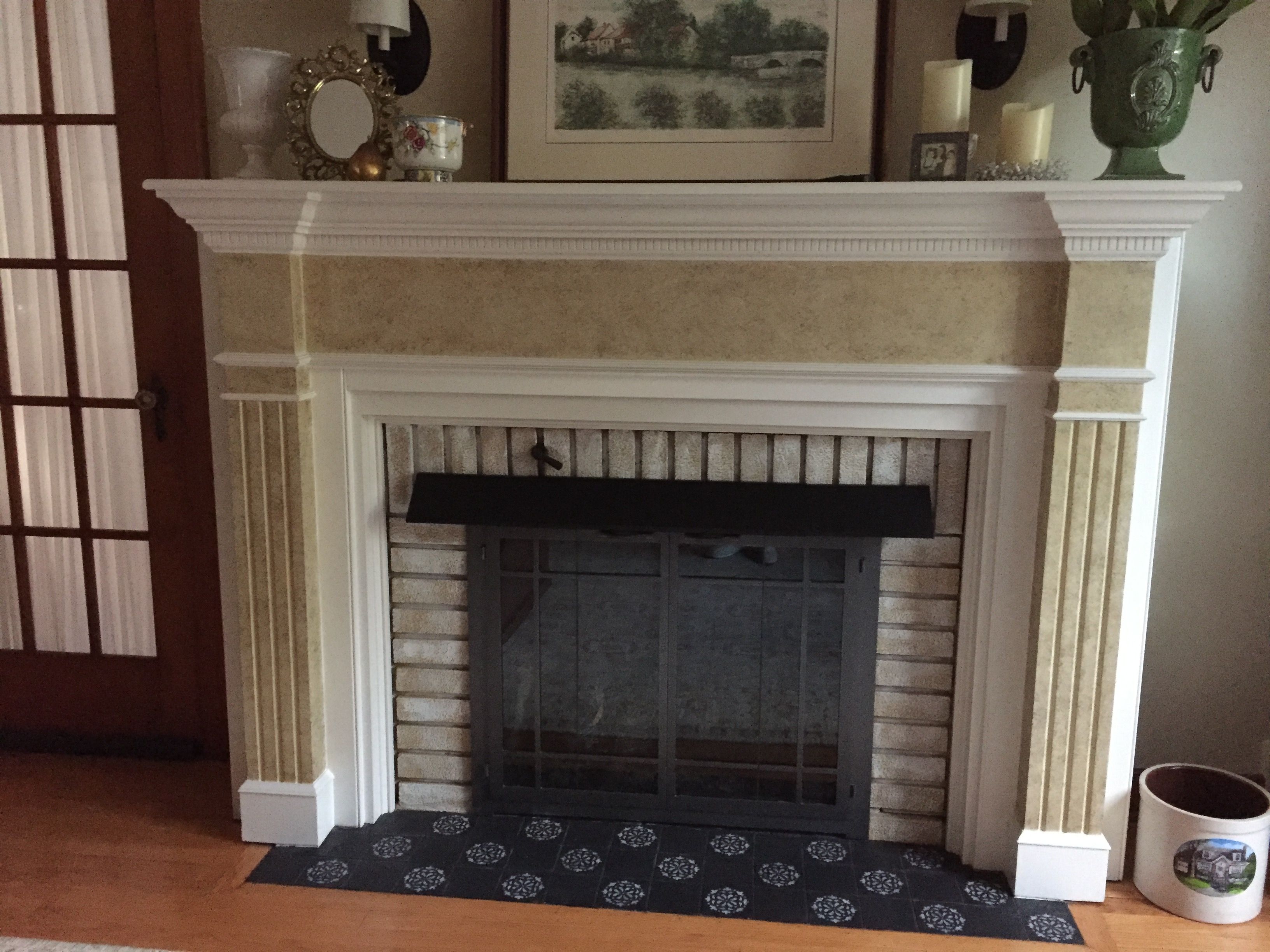 Fireplace Mantels San Diego Awesome Stencil Over Black Tile Just to Jazz Up the Fireplace