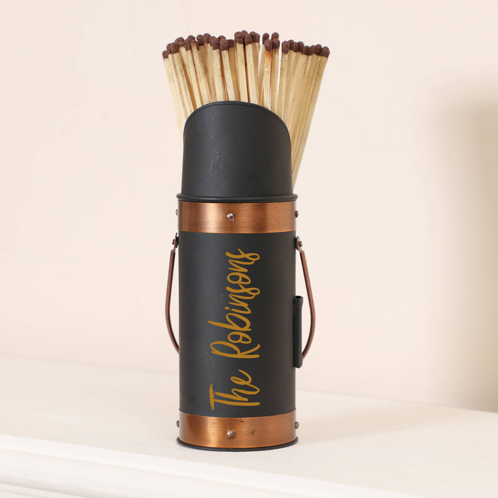 Personalised Black And Copper Fireside Match Holder original heart fireside matches holder