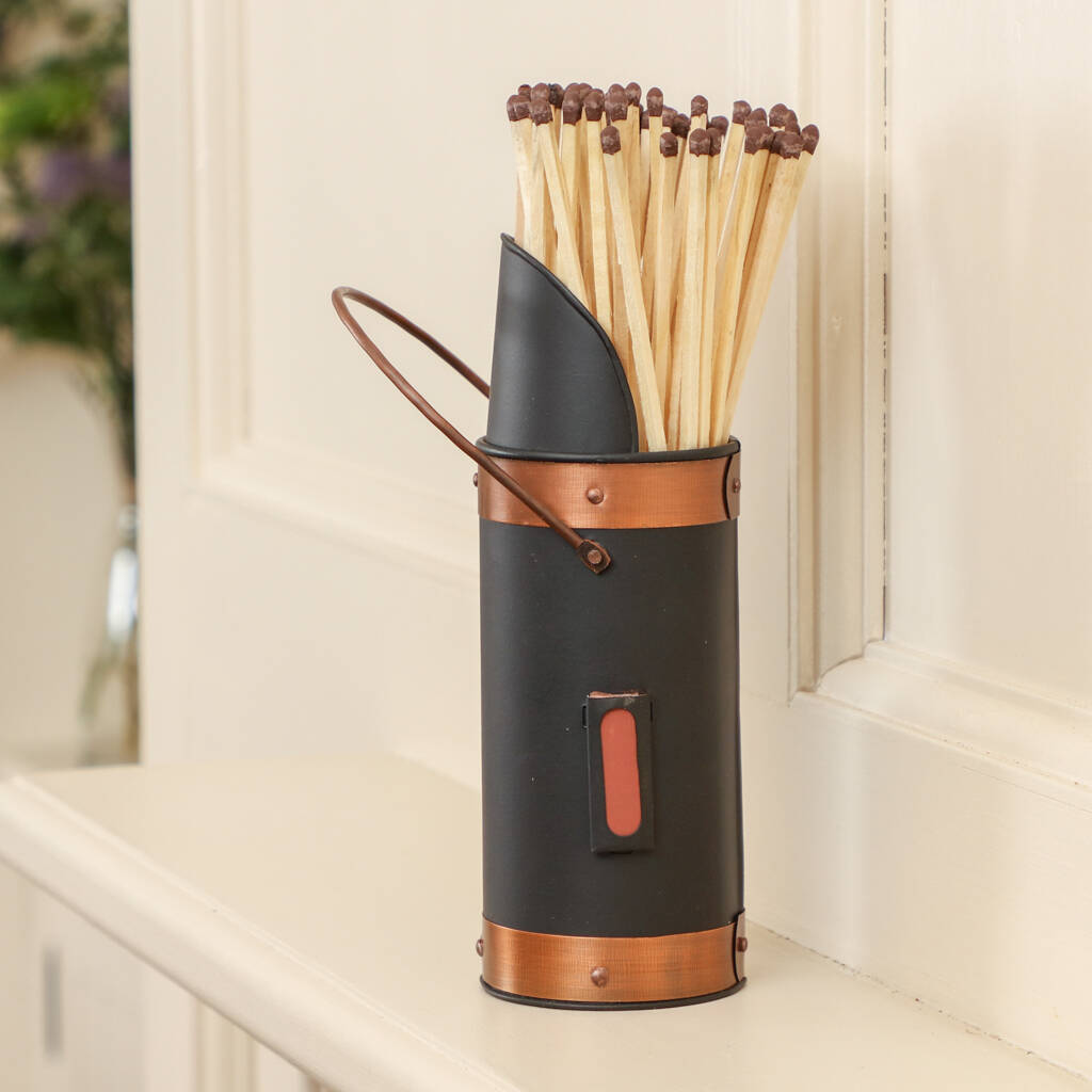 Personalised Black And Copper Fireside Match Holder original heart fireside matches holder