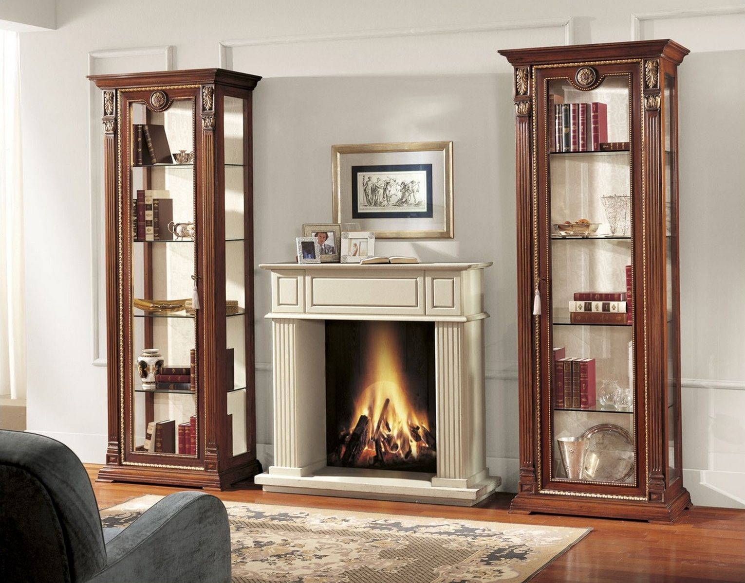Fireplace Showcase Fresh Wood Display Lighted Corner Curio Cabinet with Glass Doors