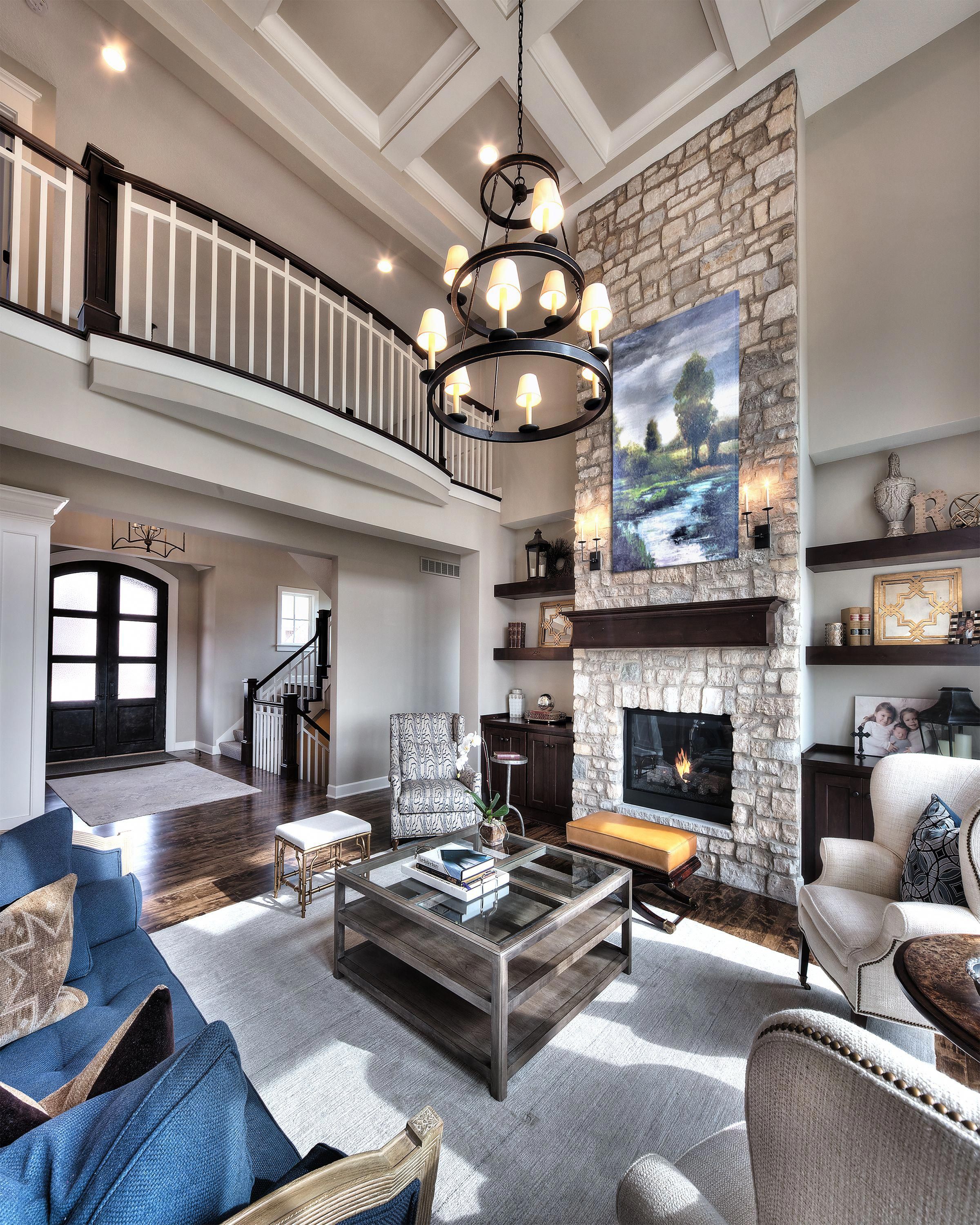 Great room Open floor plan floor to ceiling stone a5ce f604c84ed5313bbde