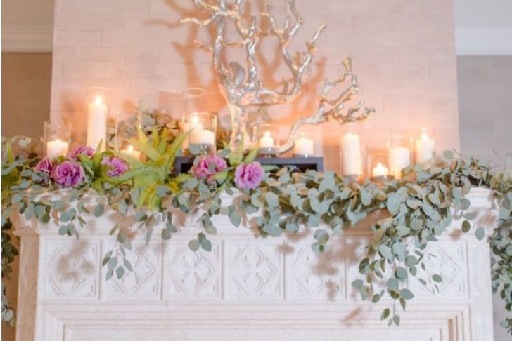 Fireplace Wedding Decor Unique Mantle Garland with Candles Eucalyptus Fern Peonies