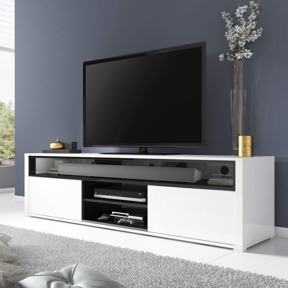 Fireplace with soundbar Unique High Gloss Tv Unit White with soundbar Shelf 2 Cupboard