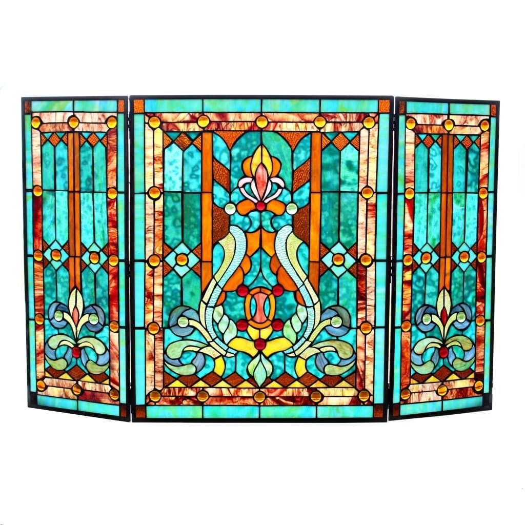 28 H Tiffany Style Stained Glass Fleur de Lis Fireplace Screen Green 8744e625 0621 4629 8ead 2e f3