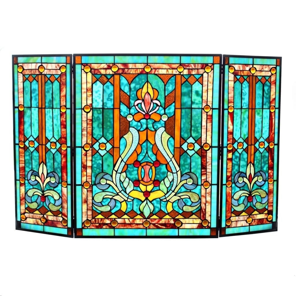 Fleur De Lis Fireplace Screen New 28"h Tiffany Style Stained Glass Fleur De Lis Fireplace Screen Green 44"w X 28"h