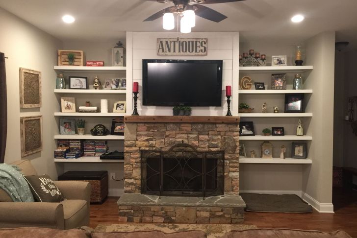 Floating Fireplace Luxury Stacked Rock Fireplace Barnwood Mantel Shiplap top with