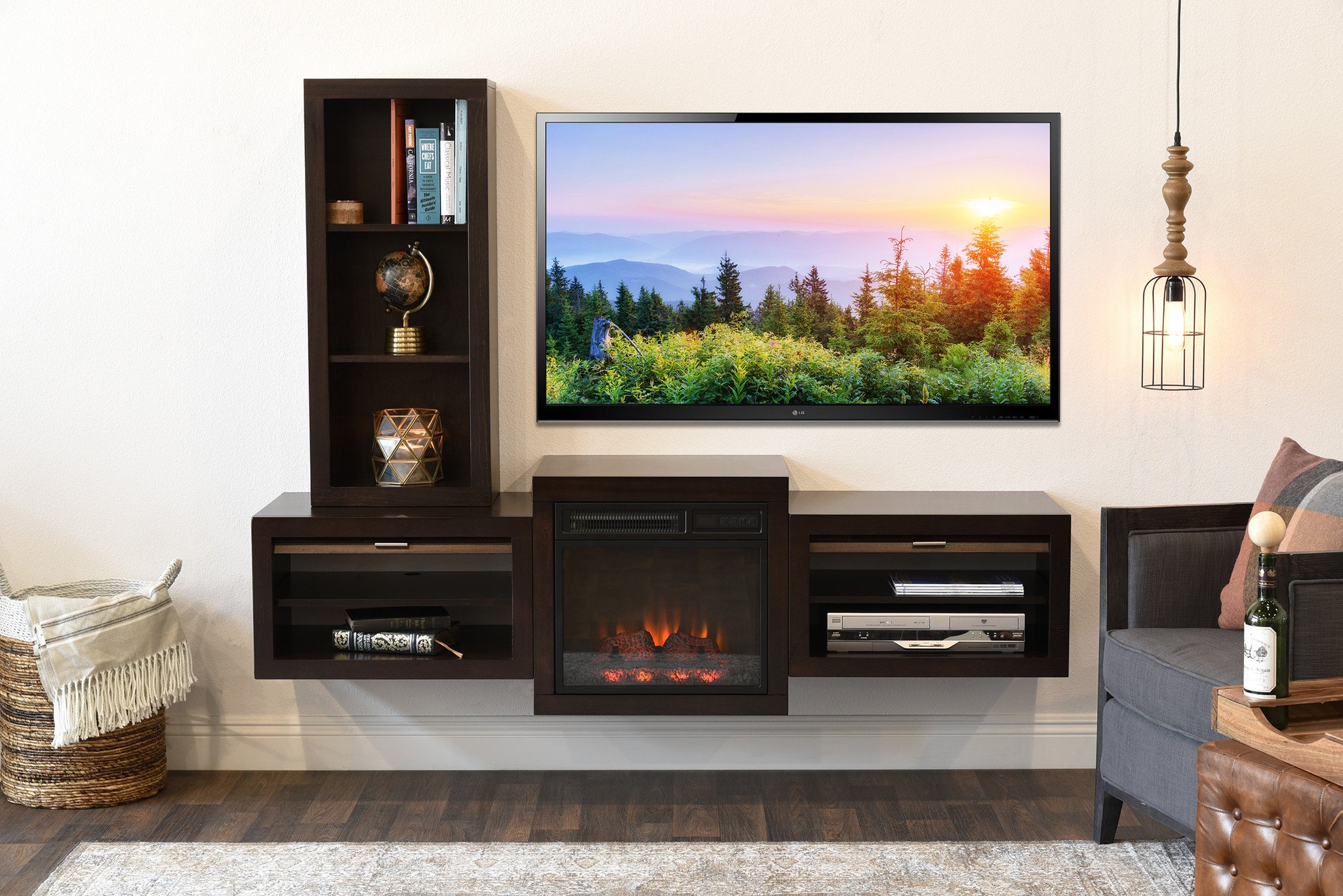 Floating Fireplace Floating Wall Mount TV Stand With Fireplace and Book Case Eco Geo Espresso 2048x