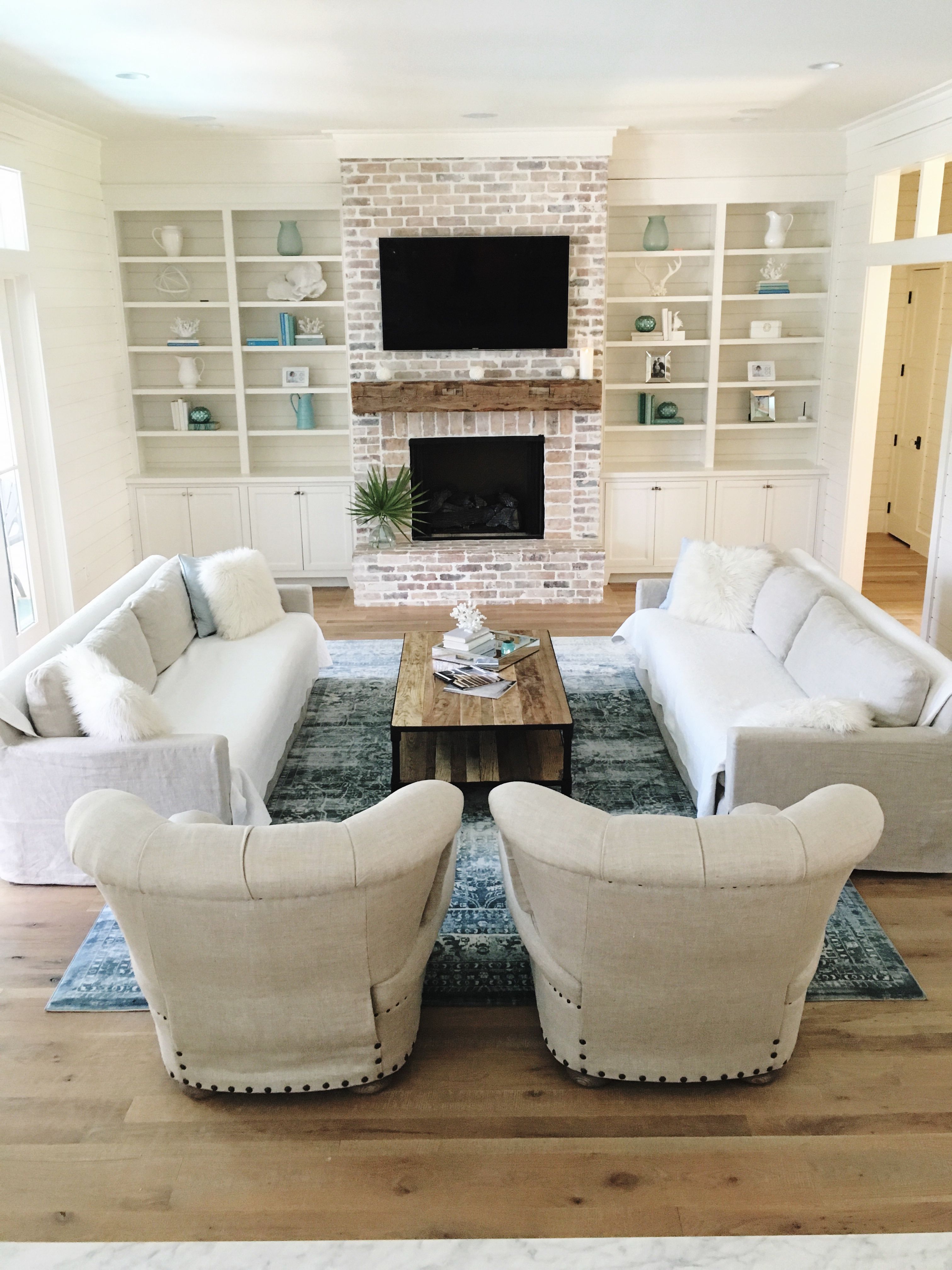 Furniture Placement In Front Of Fireplace Awesome Coastal Farmhouse Living Room White Washed Brick Oak