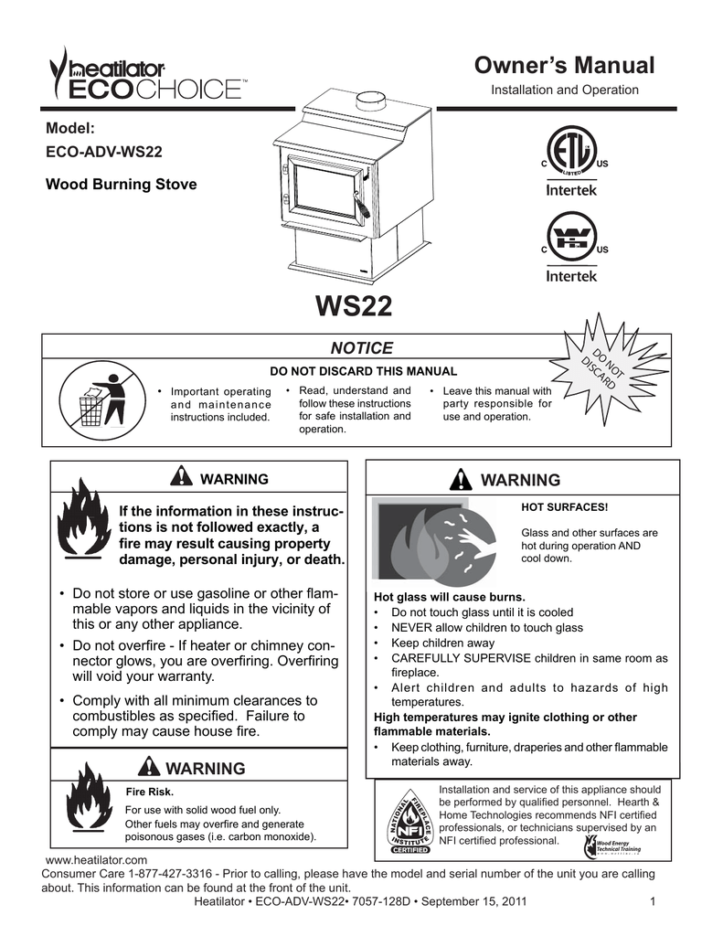 Heatilator Fireplace Manual Inspirational Ws22 Owner S Manual Notice Model