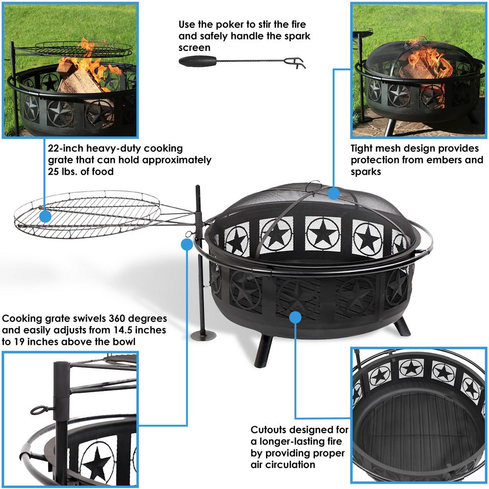 Sunnydaze Decor 36 in W x 22 5 in H Round Steel Wood Burning Fire Pit with Cooking Grate and Spark Screen black sunnydaze decor fire pits kf asfp blk 76 1000