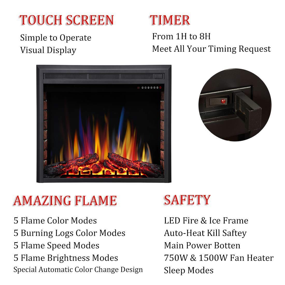 How to Adjust Gas Fireplace Flame Color Best Of Rwflame 28" Electric Fireplace Insert Freestanding & Recessed Electric Stove Heater touch Screen Remote Control 750w 1500w with Timer & Colorful Flame