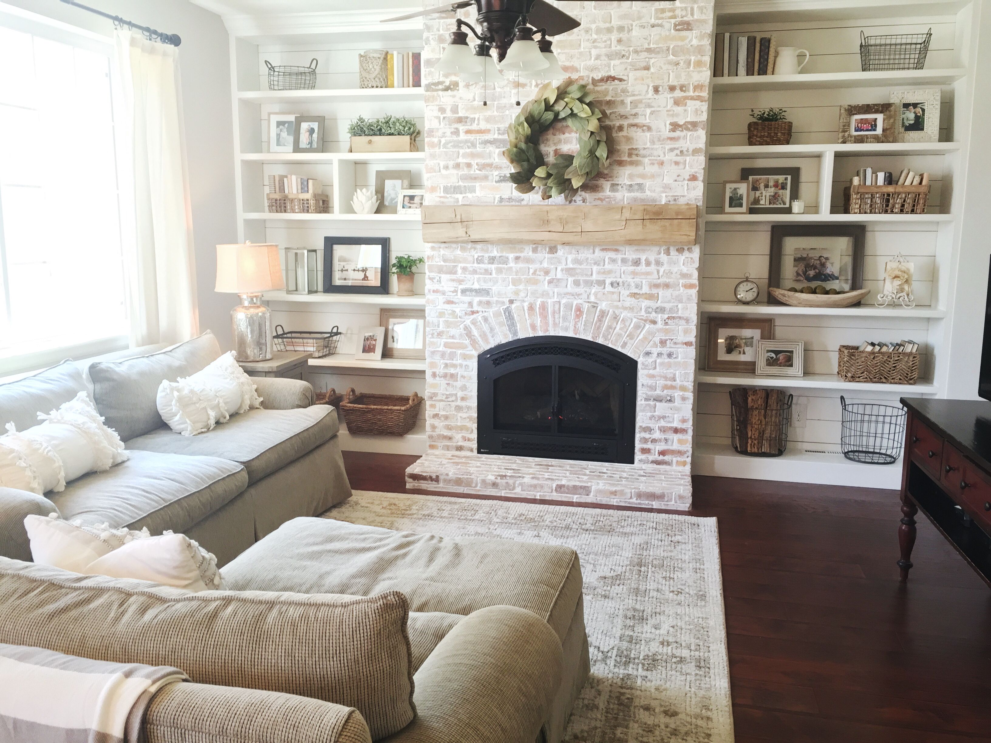 How to Make An Electric Fireplace Look Built In New Built Ins Shiplap Whitewash Brick Fireplace Bookshelf