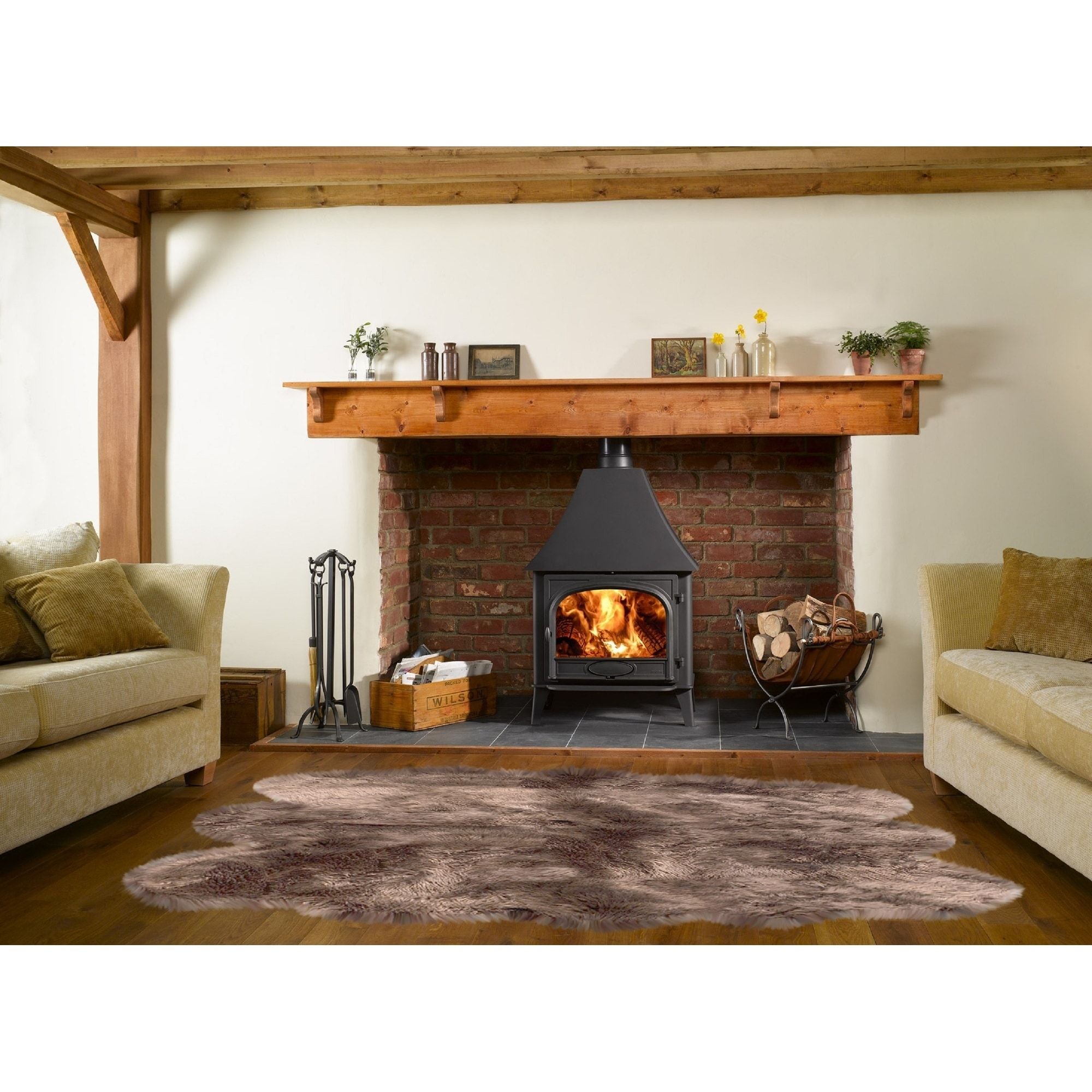 Inglenook Fireplace New Dynasty Natural 6 Pelt Luxury Paco Brown Long Wool Sheepskin