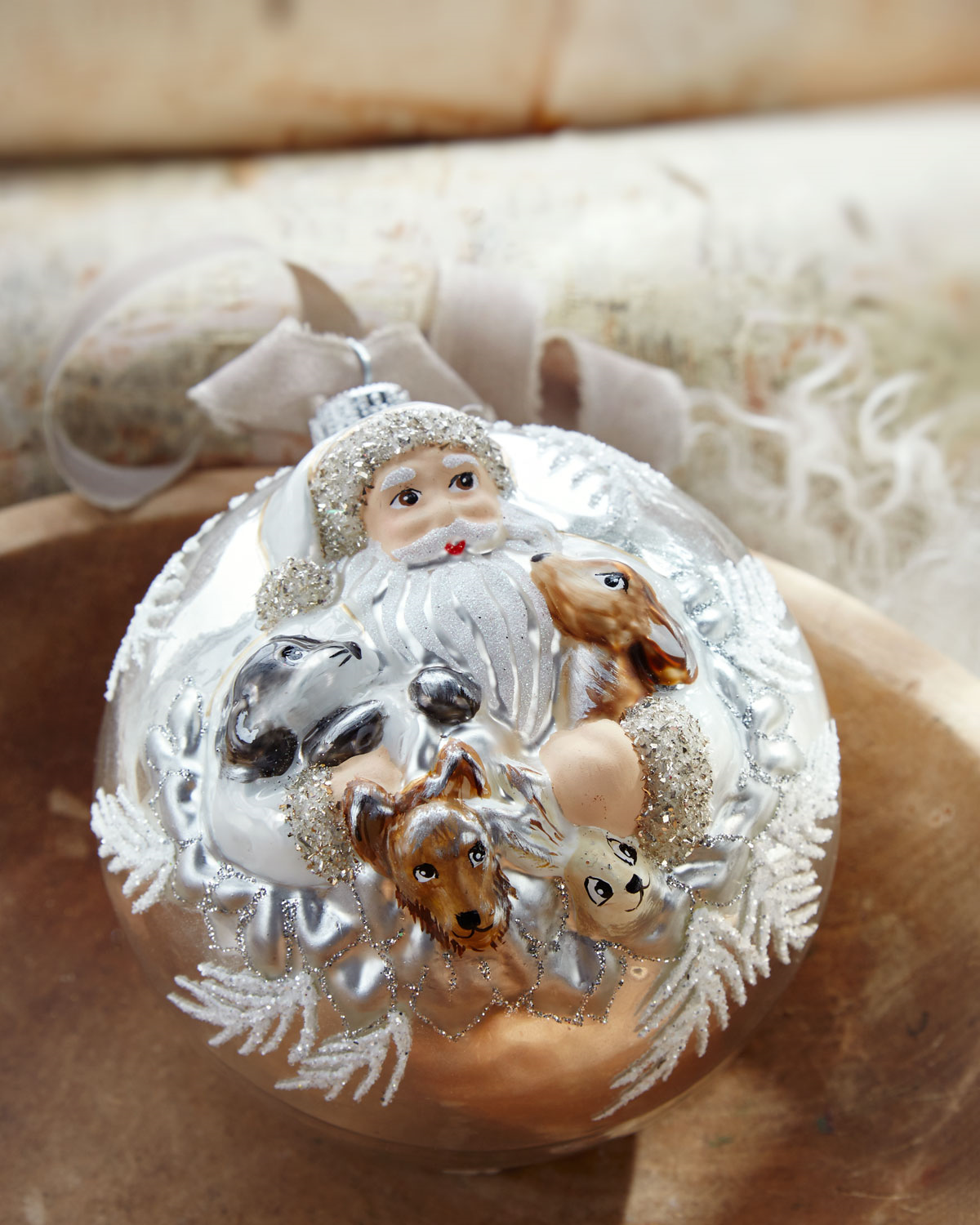 Large Fireplace Mantel Elegant Neiman Marcus Ball Christmas ornament with Santa and Friends $45 W Tax