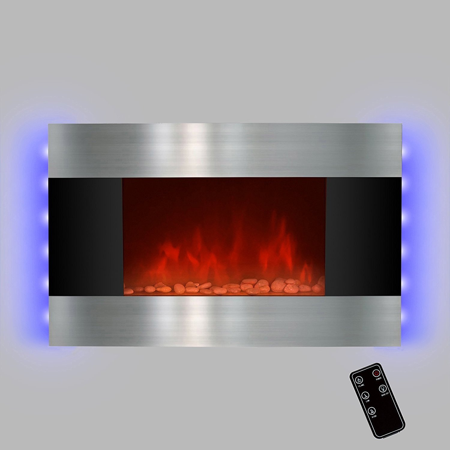 Magic Flame Electric Fireplace Beautiful Led Backlit 36" Stainless Steel Wall Mount Heater Fireplace