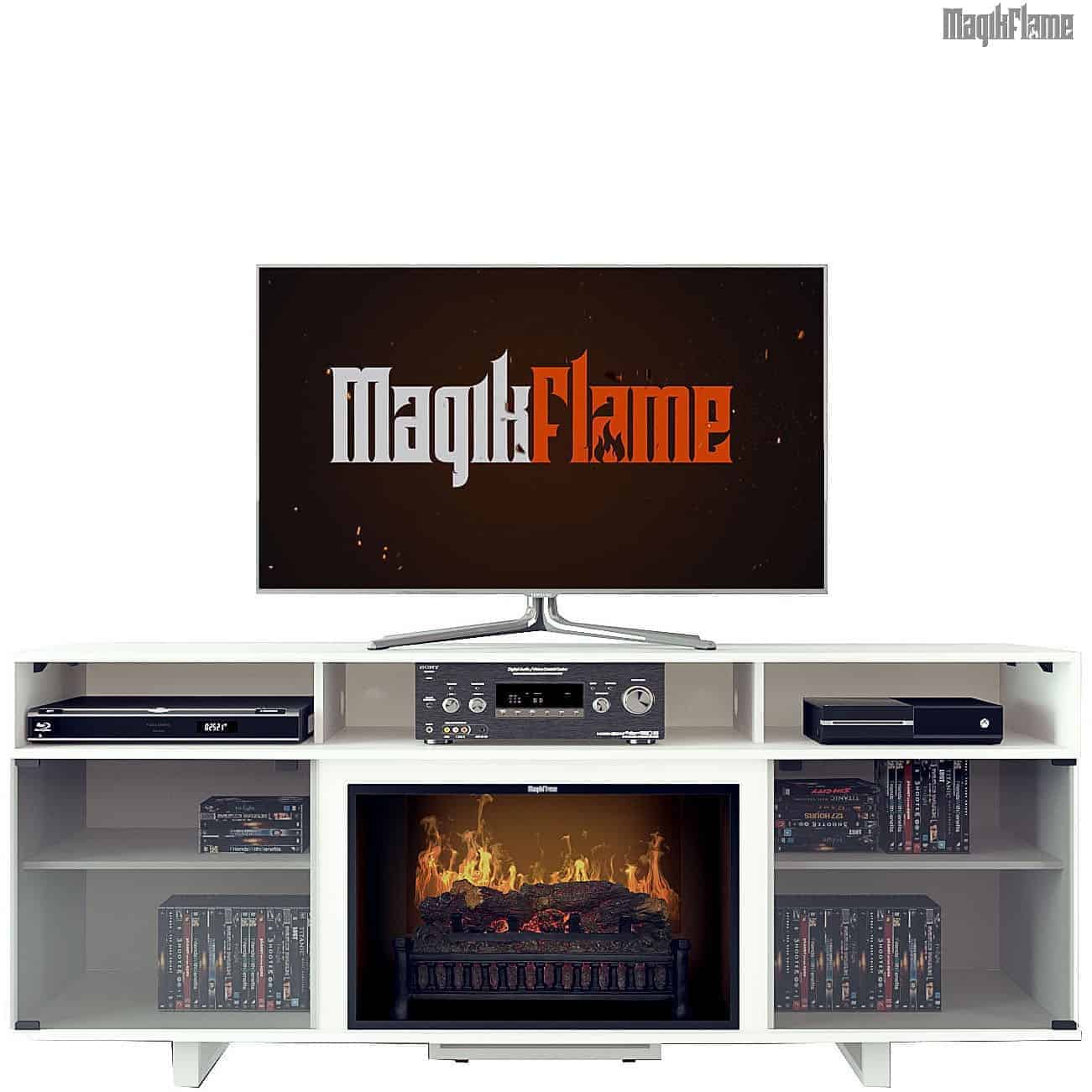 Electric Fireplace Insert With Remote Control Fireplace MGK 26MM9872 NT01 Gloss White Wood Media Mantel Fireplace Front View w TV