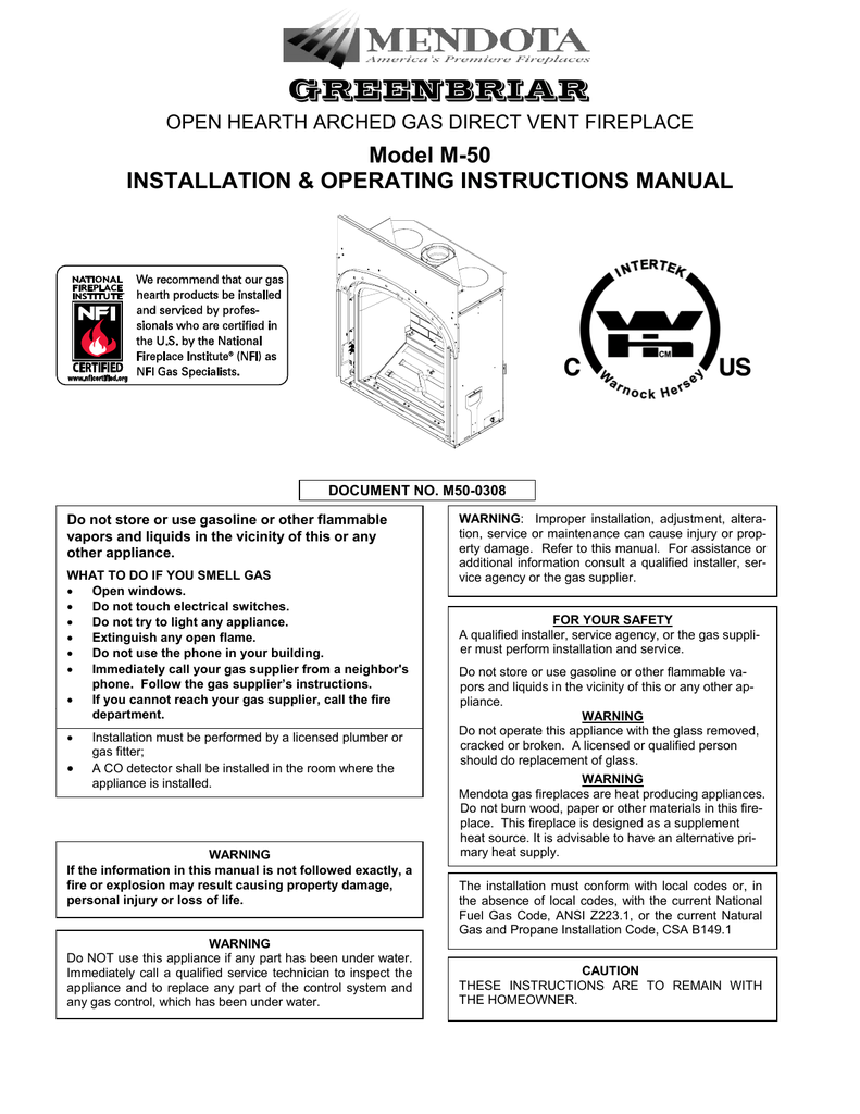 Mendota Gas Fireplace Troubleshooting Unique Mendota Greenbriar M 50 Operating Instructions