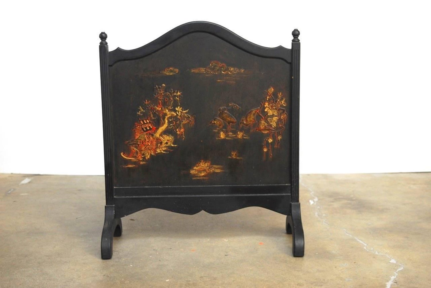 Mid Century Fireplace Screen New Black Lacquer Chinoiserie Decorated Fireplace Screen at 1stdibs
