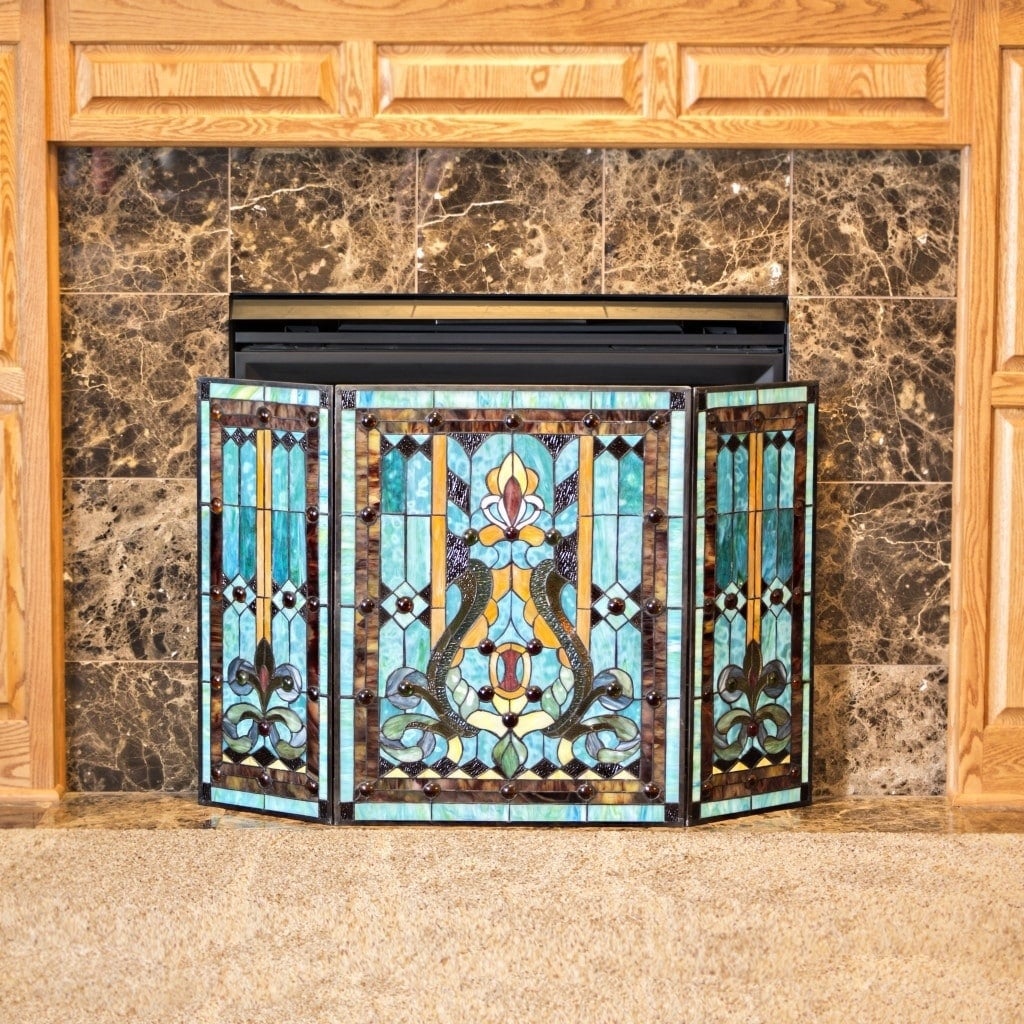 28"H Tiffany Style Stained Glass Fleur de Lis Fireplace Screen Green 44"W x 28"H 28 H Tiffany Style Stained Glass Fleur de Lis Fireplace Screen Green 97c 18e1 4ac7 ac10 9dd57bafcec7