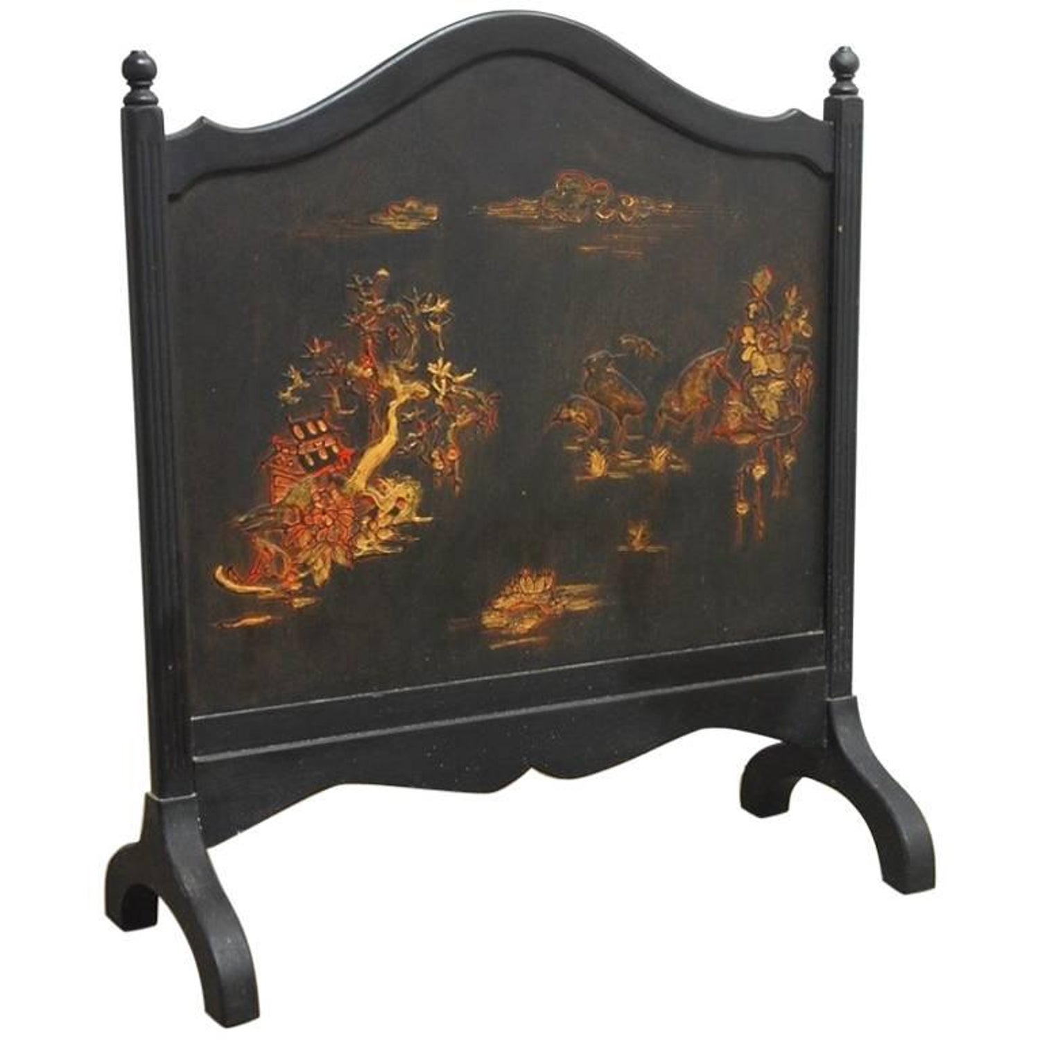 Mid Century Fireplace tools Unique Black Lacquer Chinoiserie Decorated Fireplace Screen at 1stdibs