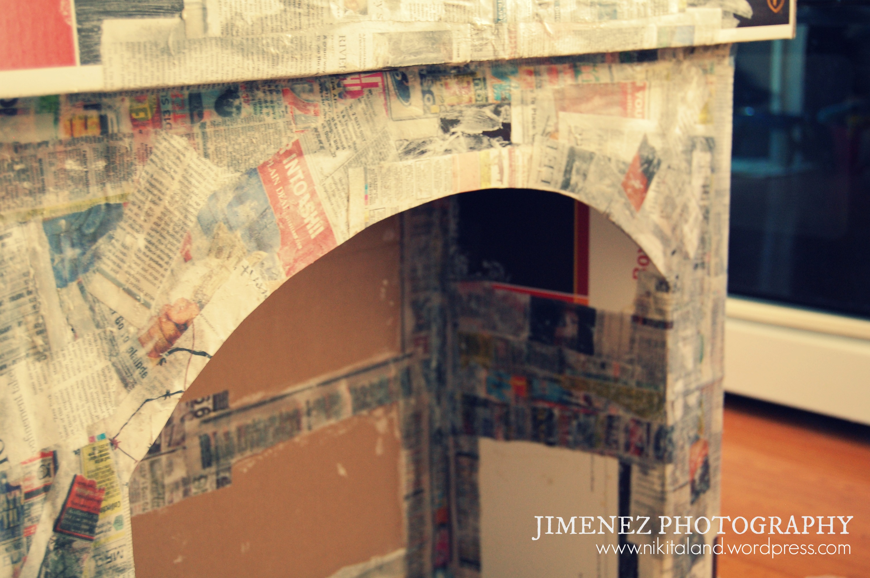 paper mache fireplace closeup