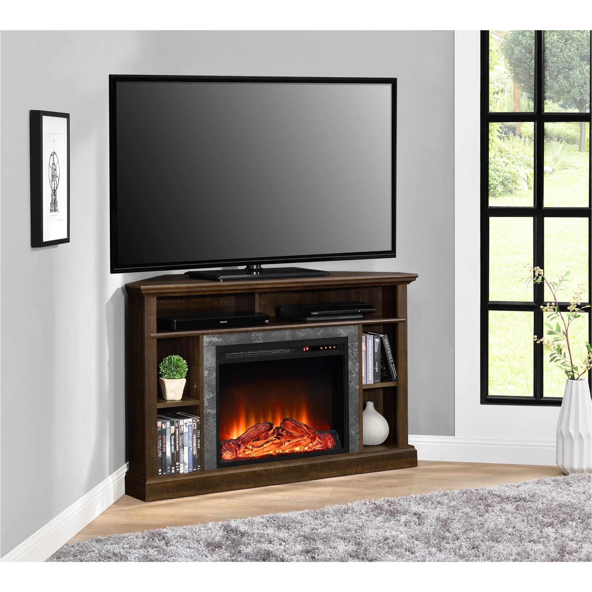 entertainment center with gas fireplace insert this contemporary styled warm espresso altra overland corner of entertainment center with gas fireplace insert