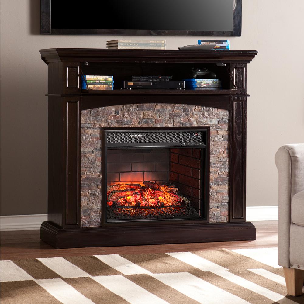 Newburgh 45 5 in W Faux Stone Corner Infrared Electric Media Fireplace in Ebony ebony southern enterprises corner electric fireplaces hd 64 1000