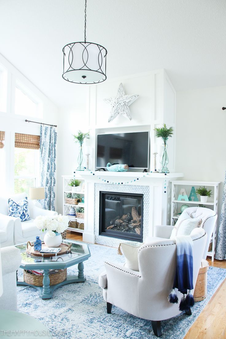 Thousand Oaks Fireplace Lovely Beachy Blue Summer Living Room tour