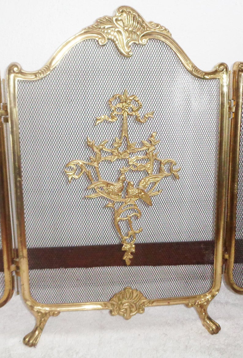 Vintage Brass Fireplace Screen New Fire Place Fire Screen Antique Brass French Baroque Rococo Footed Folding Victorian