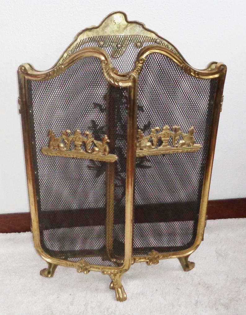 Vintage Brass Fireplace Screen Unique Fire Place Fire Screen Antique Brass French Baroque Rococo Footed Folding Victorian