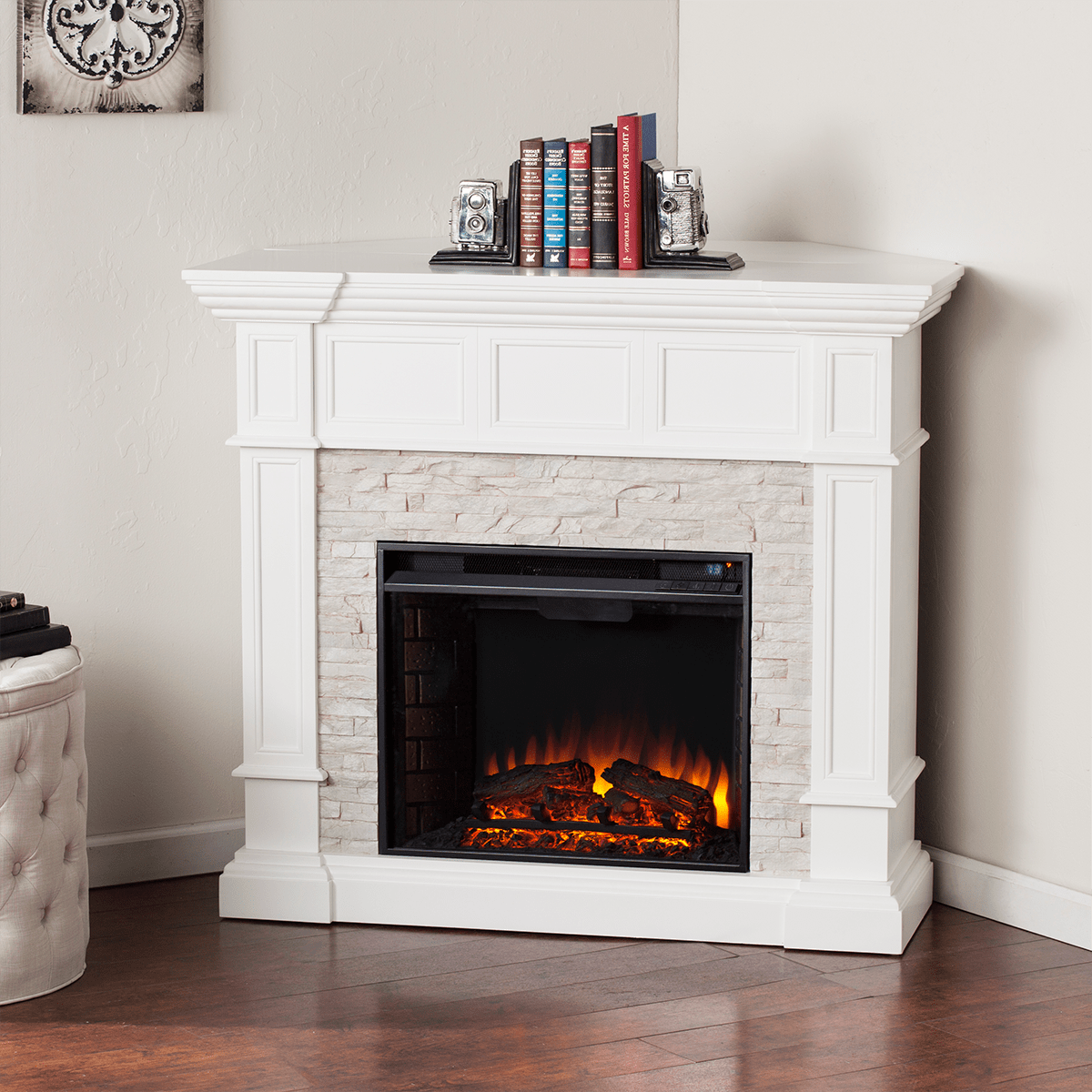 Southern Enterprises Merrimack Simulated Stone Convertible Electric Fireplace sei merrimack convertible electric fireplace white lifestyle 2