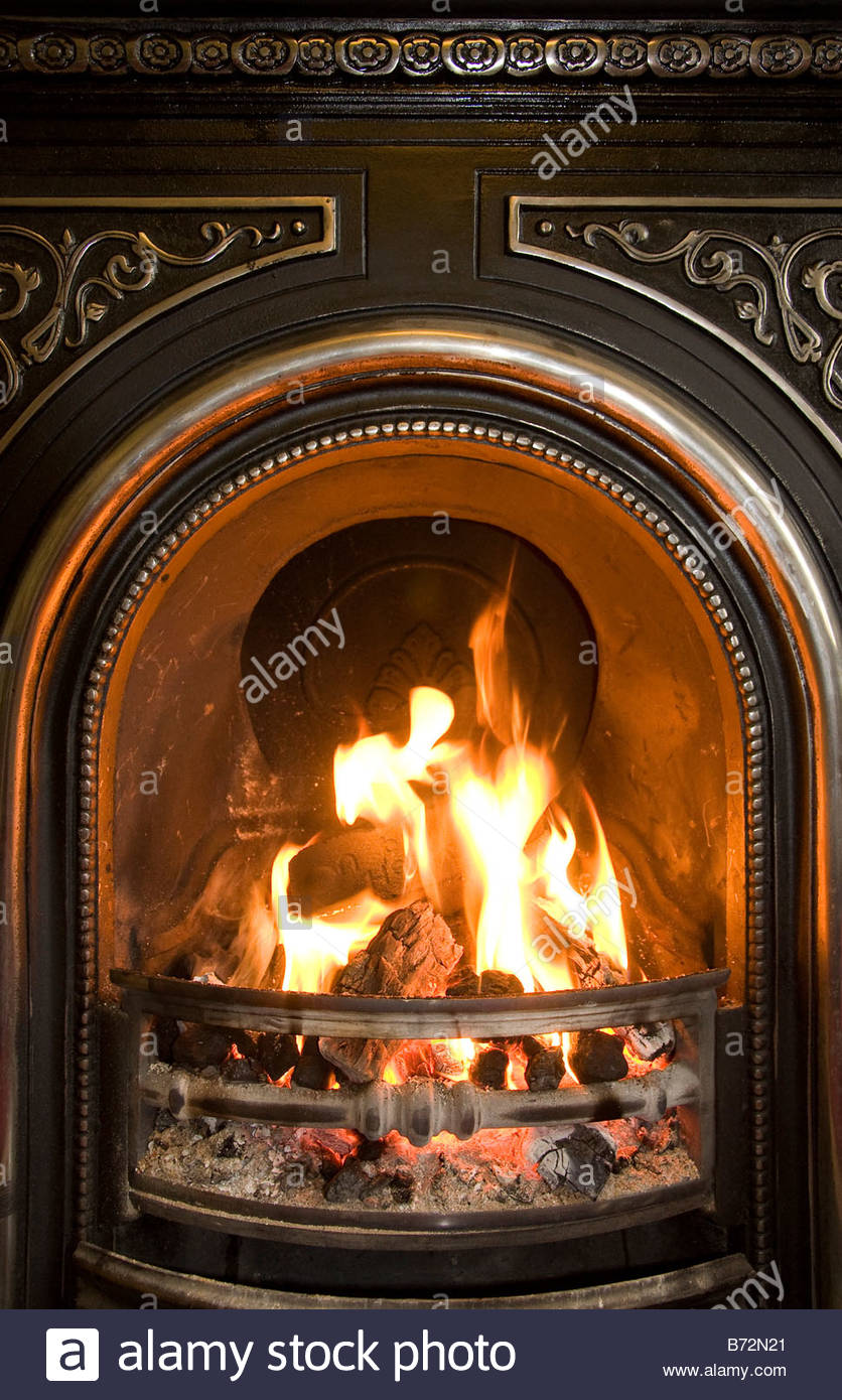 wood and coal fire burning in the grate of an ornate cast iron fireplace B72N21