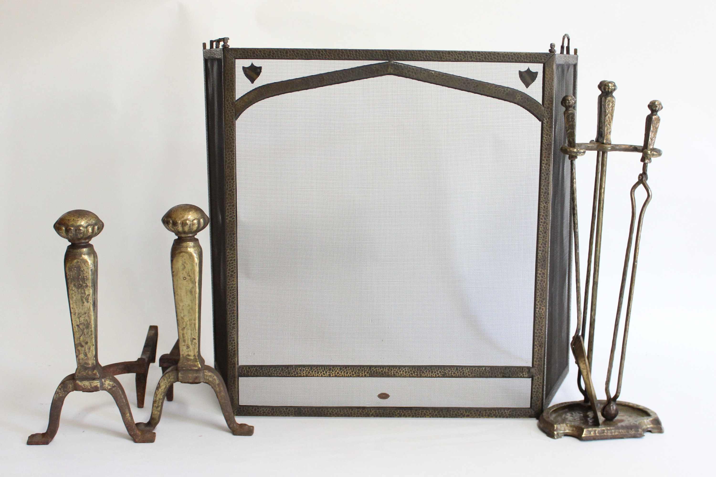 Antique S M Howes pany Hammered Wrought Iron Fireplace Set Andirons Fire Screen and Fireplace Tools il fullxfull 86od