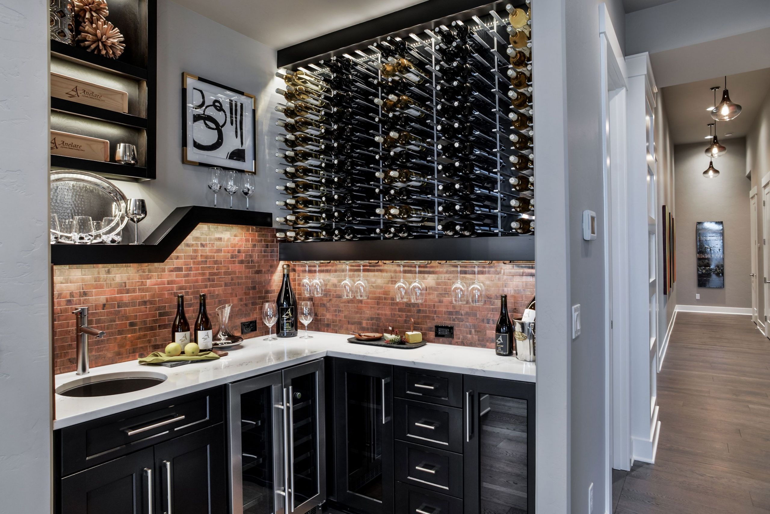 Brick Backsplash Elegant Wet Bar with Brick Tile Backsplash