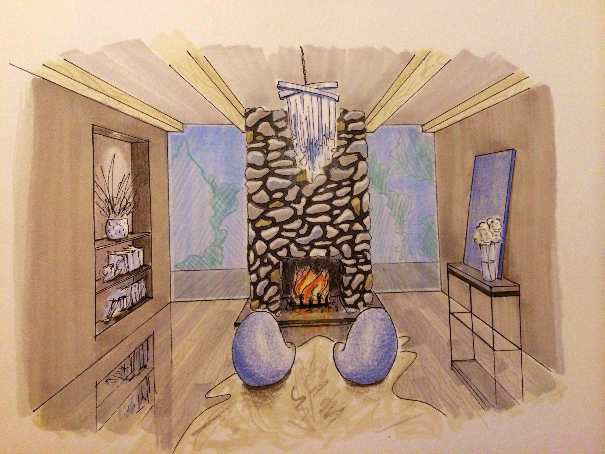 Fire Place Drawing Awesome Interior Design Hand Rendering Markers Colored Pencils