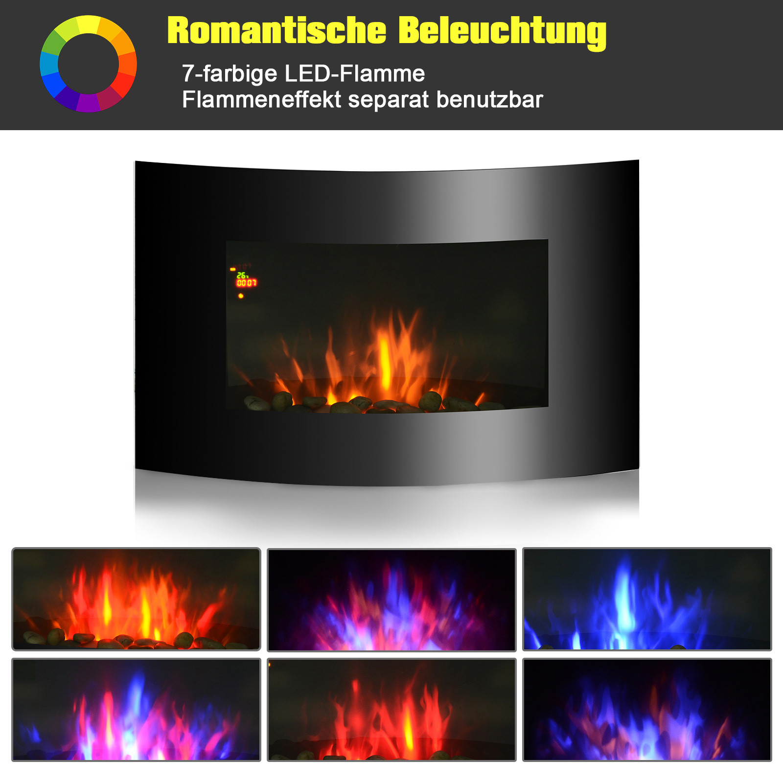 35" Wall Mounted Electric Fireplace Black Curved Tempered 0af9266a5b a534ec4b59d