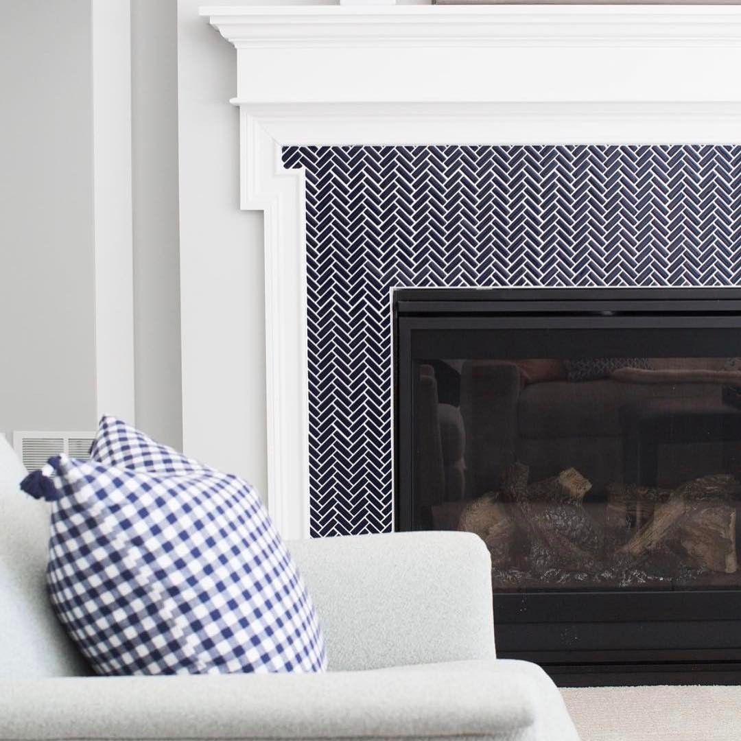 Fireplace with Herringbone Tile Awesome Navy Gingham Pillow