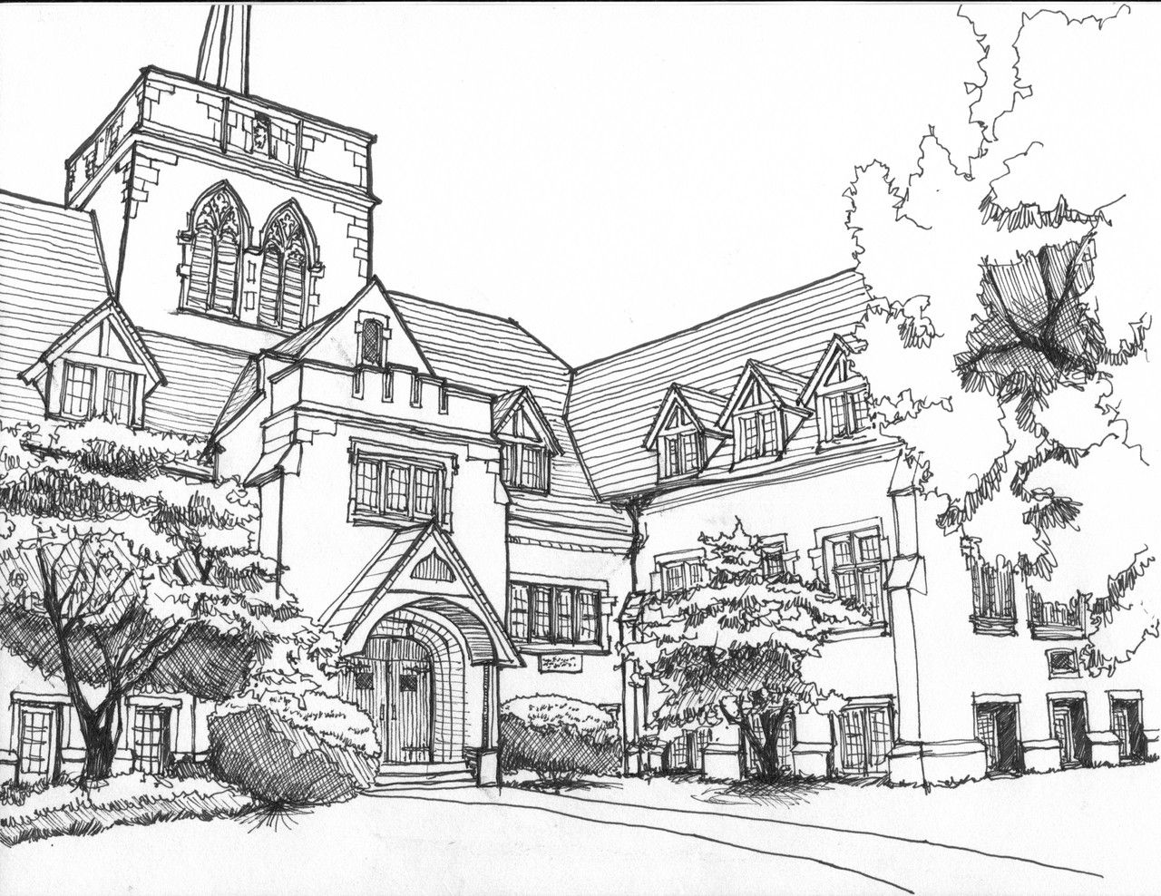 Hand Rendering Elegant Irvington Church Indianapolis In 8×10 Pen Ink