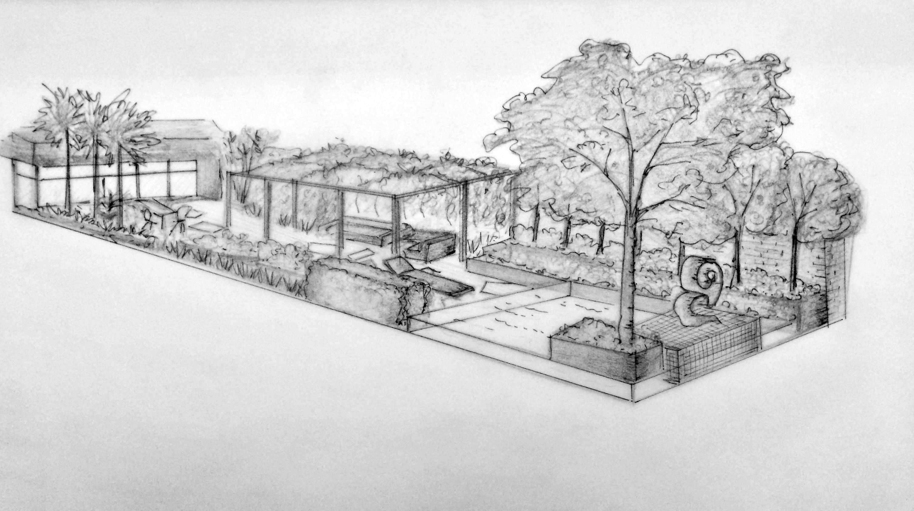 Hand Rendering Unique Contemporary Roof Terrace United Kingdom Hand Drawn