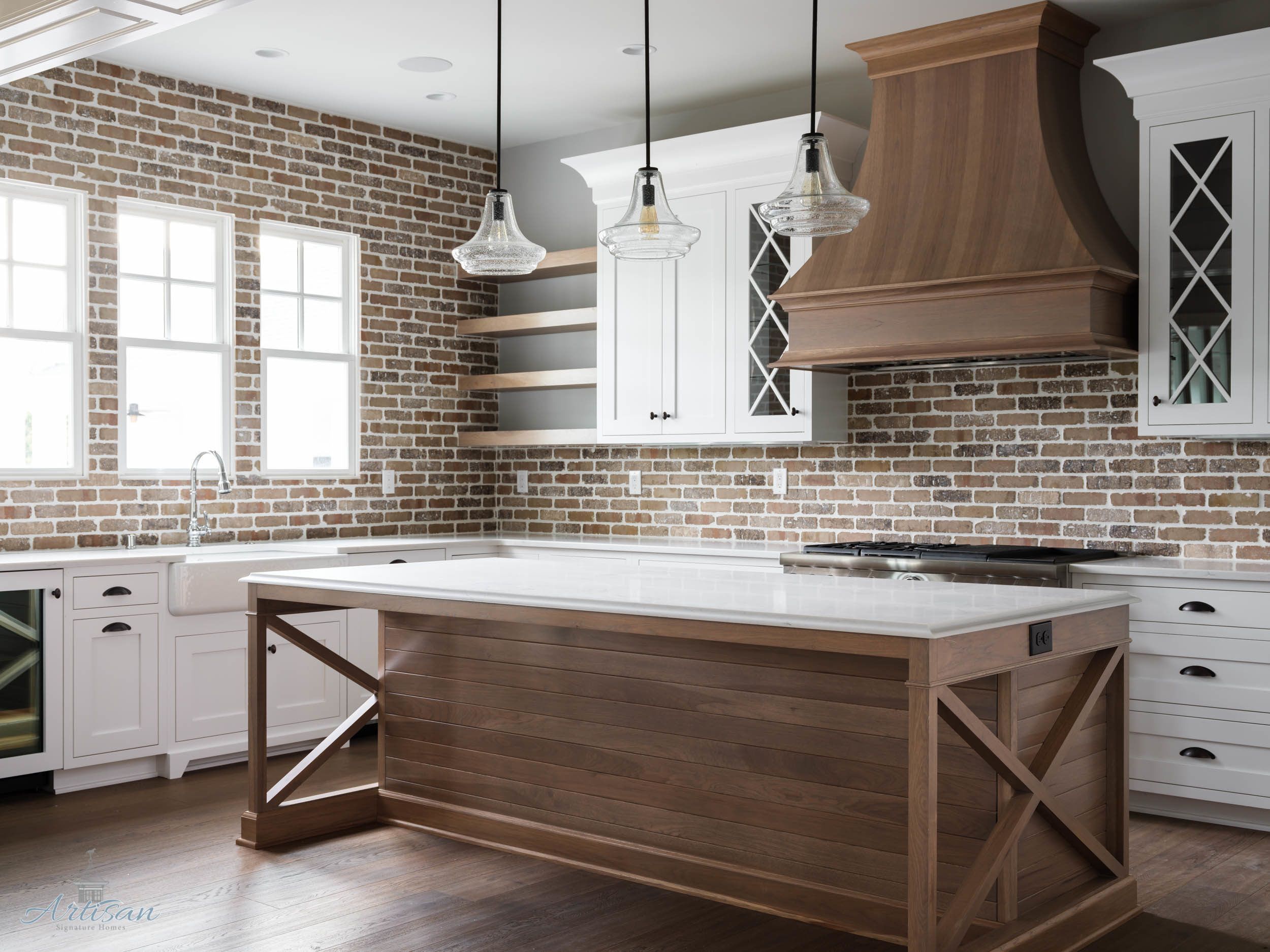 Kitchen with Brick Backsplash Luxury Artisan Signature Homes Custom Home Builder