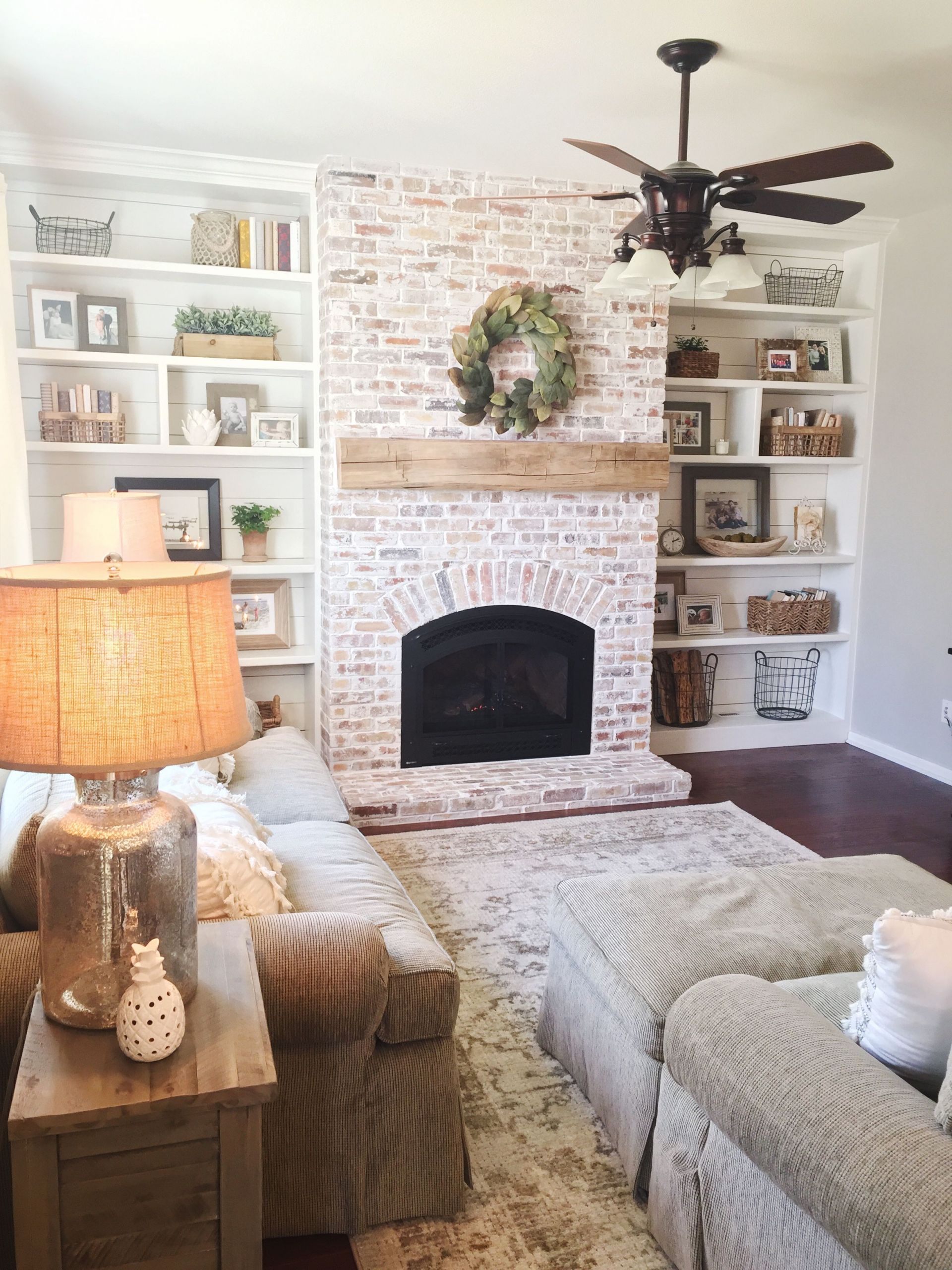 Rustic Shiplap Fireplace Lovely Built In Bookshelves Shiplap Whitewash Brick Fireplace