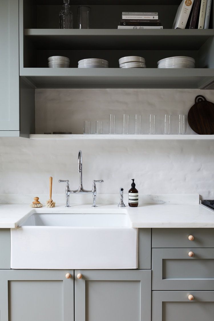 White Brick Backsplash New Sage Green Cabinets White Apron Front Sink White Brick