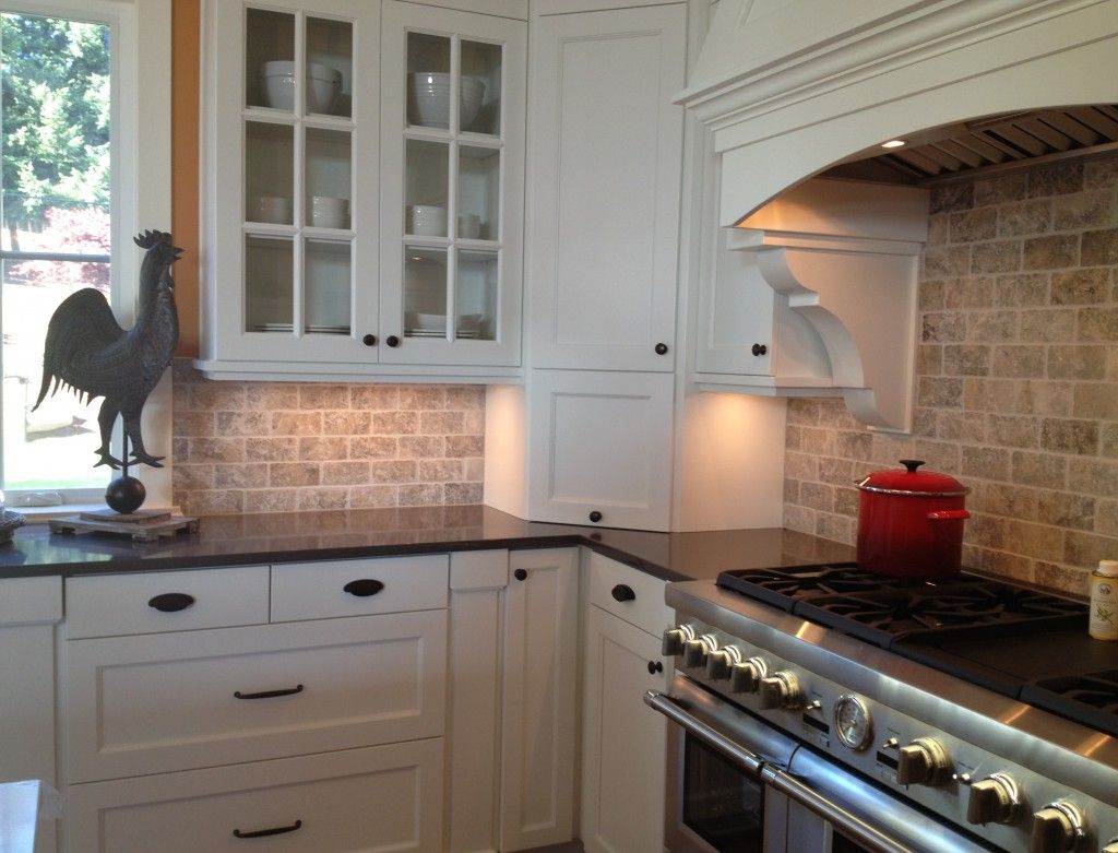 White Kitchen Brick Backsplash Elegant Backsplash with White Cabinets and Black Countertops