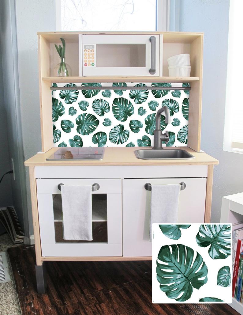 White Subway Tile Herringbone Backsplash Lovely Tropical Monstera Leaf Printed Backsplash Board for Ikea Duktig Play Kitchen Makeover Diy Hack Ikea