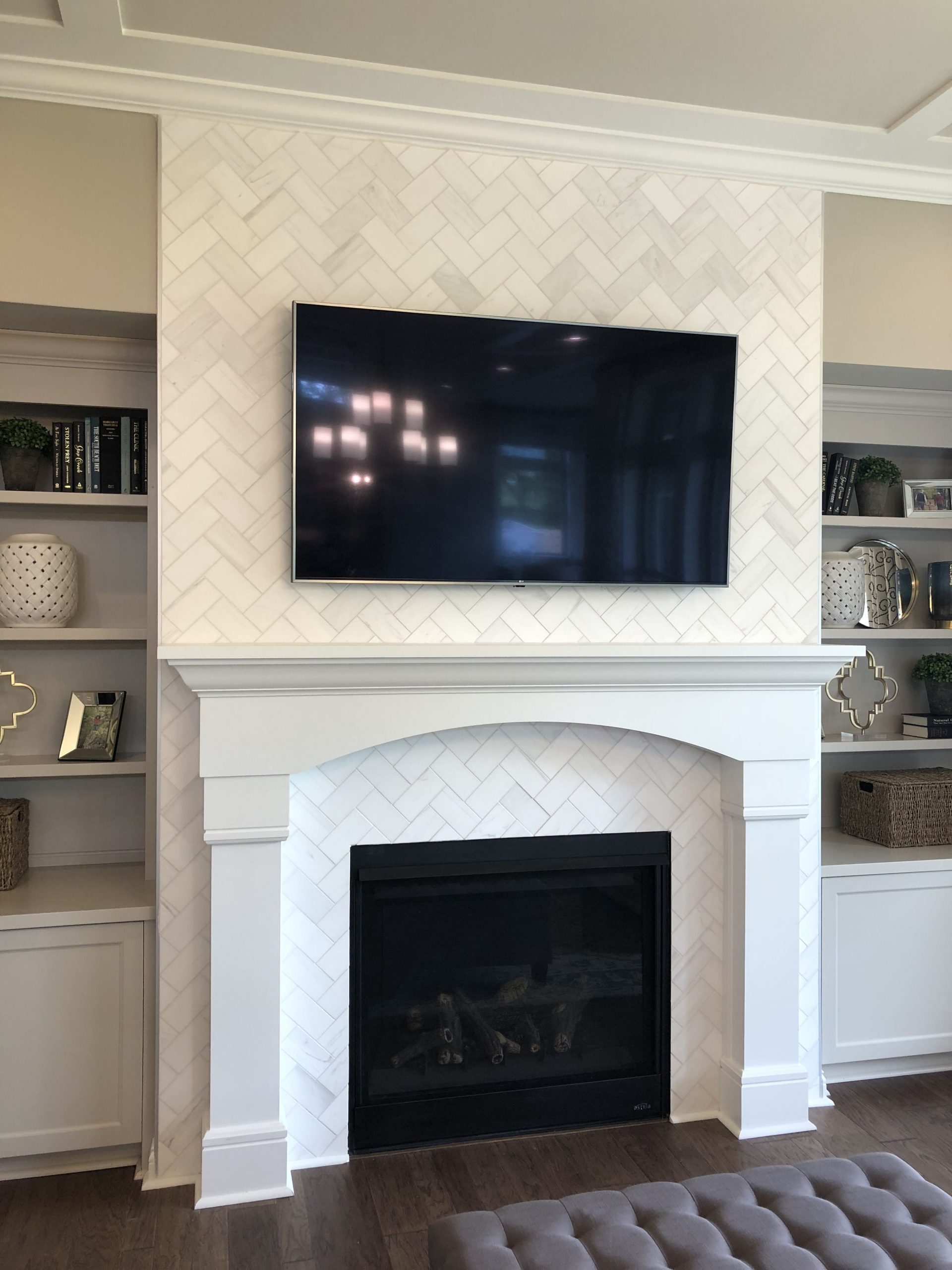 Astria Fireplace Luxury Mantle 2 Contempo White Honed 3×6 Marble Tiles Installed