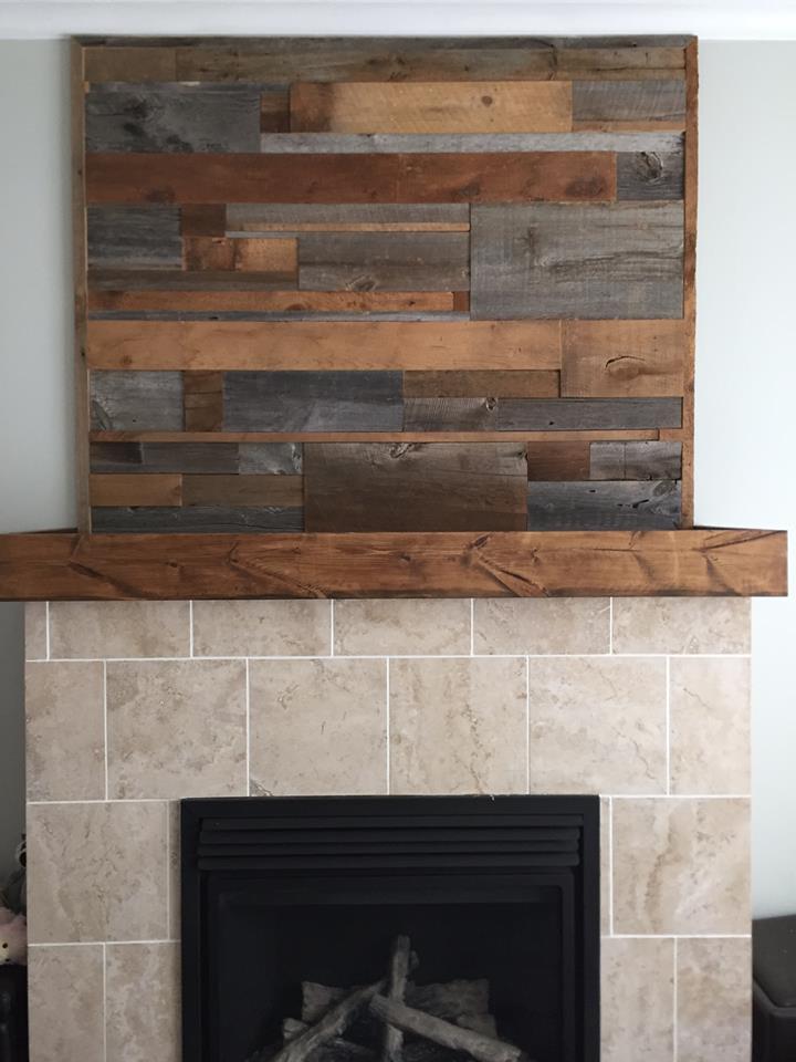 Fireplaces – JMF Custom Wood Features l Barndoors • Feature Barnwood 2 toned scattered pattern fireplace mantle 1