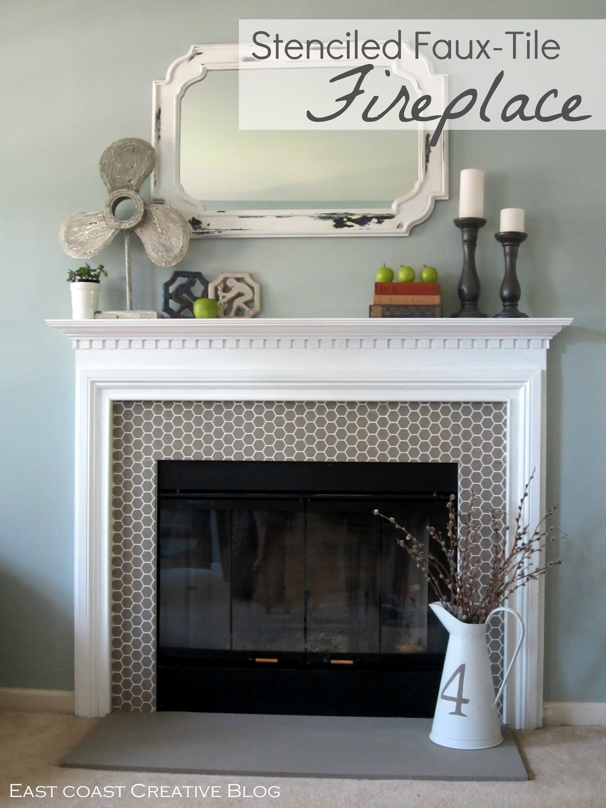 stenciled faux tile fireplace