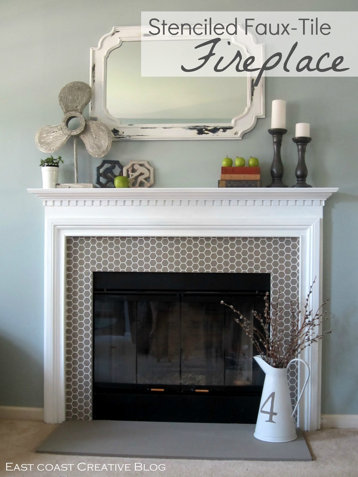 Stenciled Faux Tile Fireplace Tutorial Showit Blog stenciled faux tile fireplace
