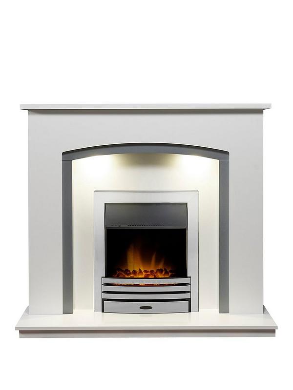 Fireplace and Chimney Authority New Adam Tuscany Fire Suite In Pure White & Grey with Eclipse Electric Fire In Chrome